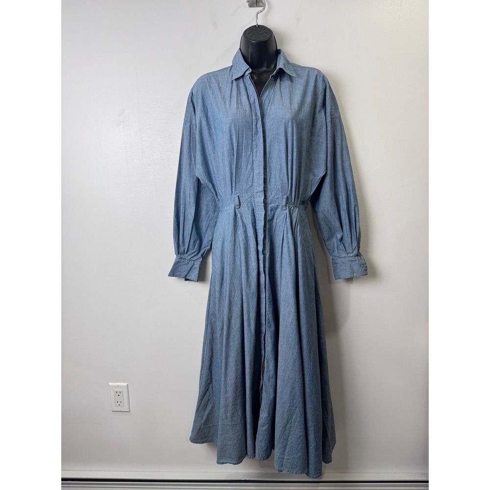 Norma Kamali Women Blue Shirt Dress Pleated Waist Chambray Small/Medium